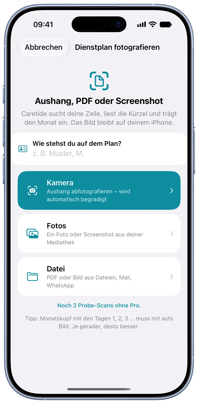 Caretide: Dienstplan fotografieren, aus Fotos wählen oder Datei öffnen.